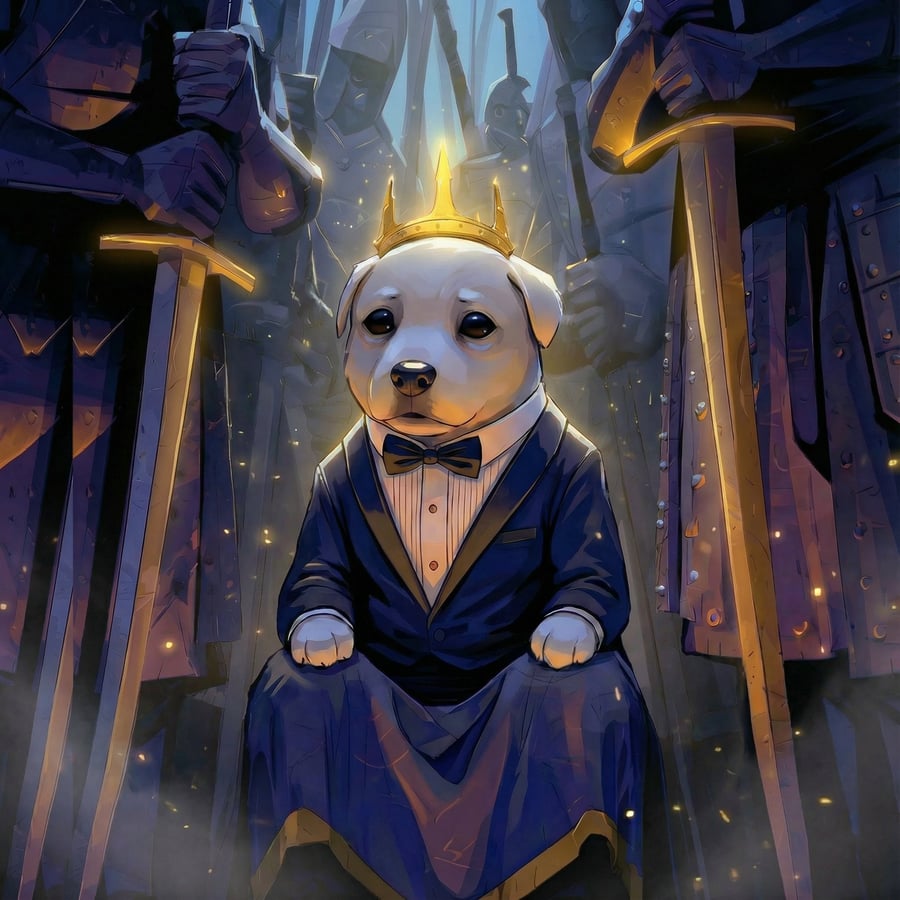 Crowned dog in formal wear