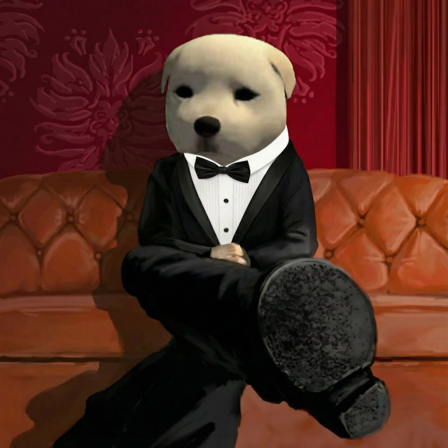 Suited dog reclining on a red couch