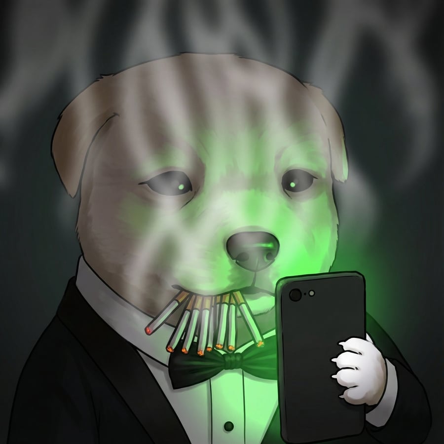 Suited dog holding a glowing phone