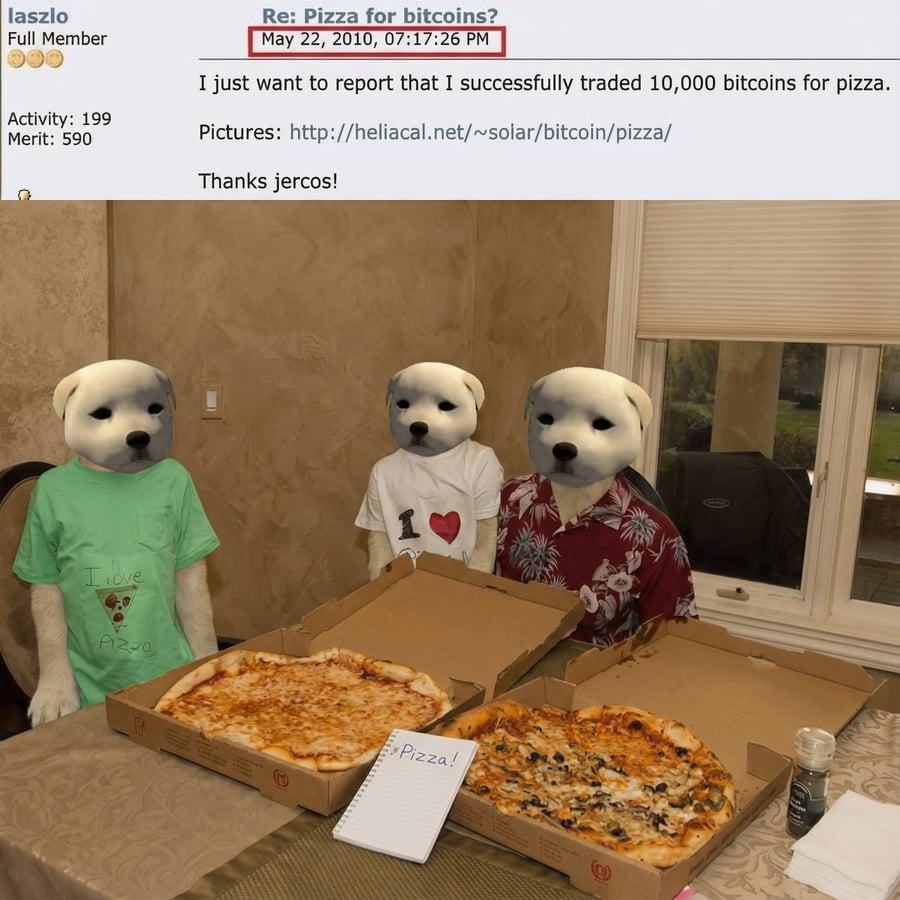 Meme referencing the famous Bitcoin pizza trade