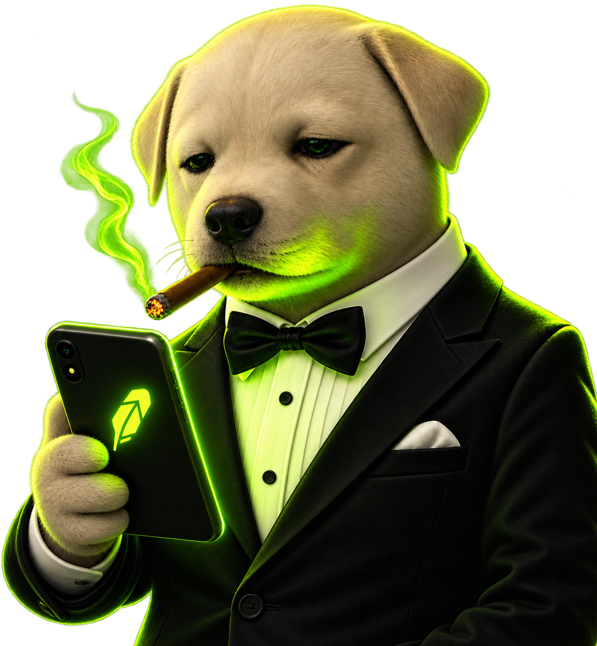 Suited dog checking a glowing phone